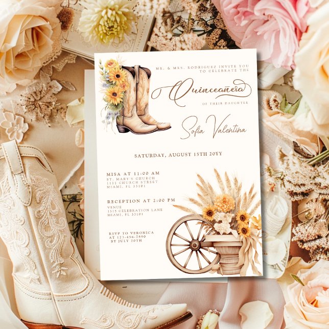 Invitation Quinceañera Fleur Charro Tournesol Campagne Rustiq (Quinceañera Floral Charro Sunflower Country Rustic Invitation)