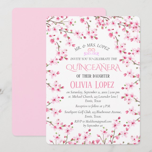 Invitation Quinceañera Fleur de cerise 15e anniversaire (Devant / Derrière)