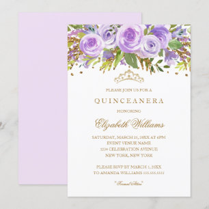 Invitation Quinceanera Fleur de Rose Or Pourpre