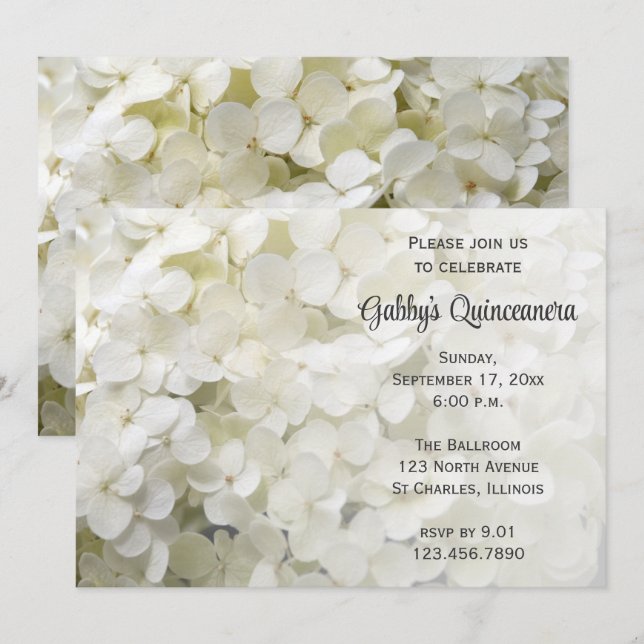 Invitation Quinceanera Fleur Hydrangée Blanche (Devant / Derrière)
