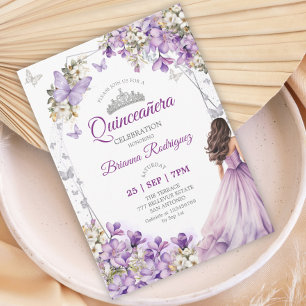 Invitation Quinceañera Fleur Papillon Argent Violet