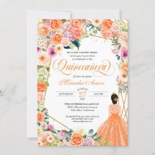 Invitation Quinceanera fleurie estivale de roses roses orange