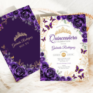 Invitation Quinceanera Fleurie Or et Violet