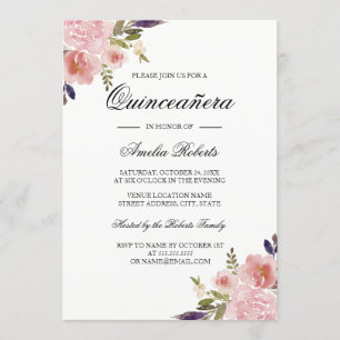 Invitation Quinceanera Fleurs Aquarelle Pivoines Rose Violet