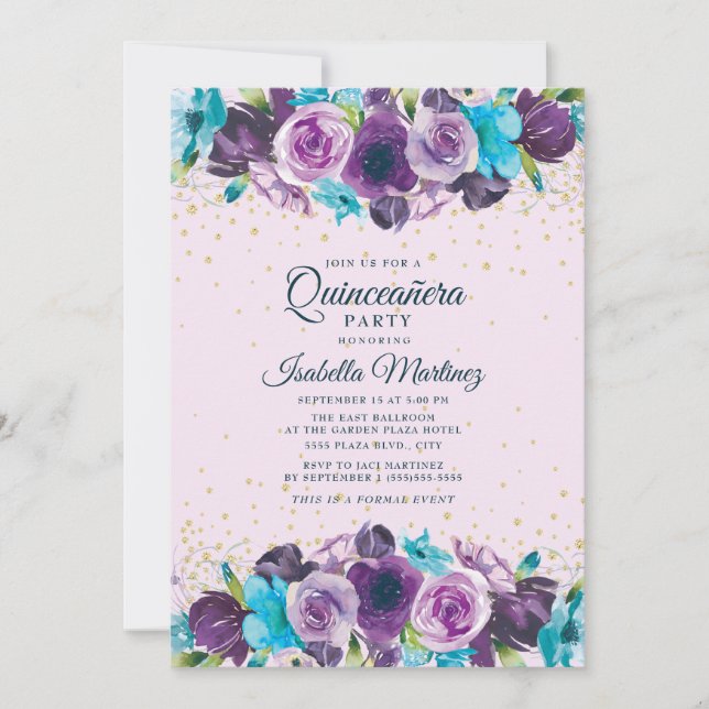 Invitation Quinceañera Fleurs Bleu Violet Pailleté Or (Devant)