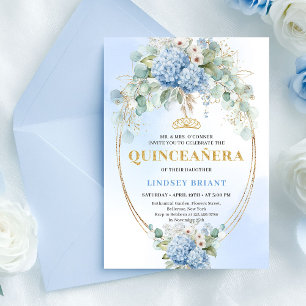 Invitation Quinceañera Fleurs Bleues Bohèmes Dorée