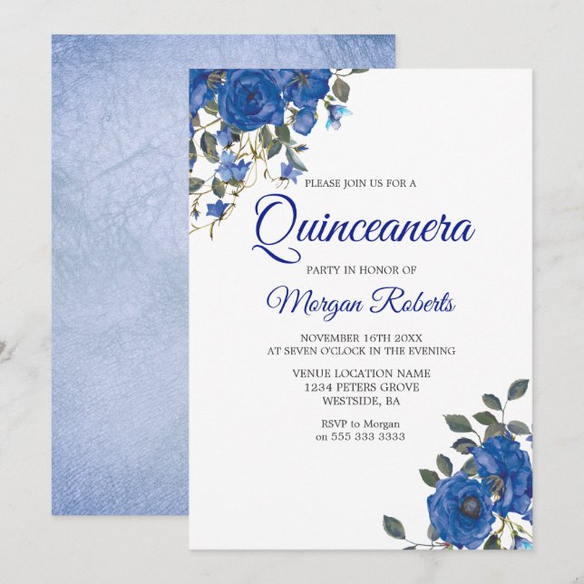 Invitation Quinceanera, Fleurs bleues de minuit de la marine  (Devant / Derrière)