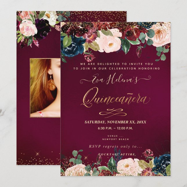 Invitation Quinceañera, Fleurs d'aquarelle rousse do-it-yours (Devant / Derrière)