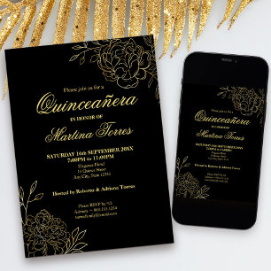 Invitation Quinceanera Fleurs de contour noires et dorées Flo