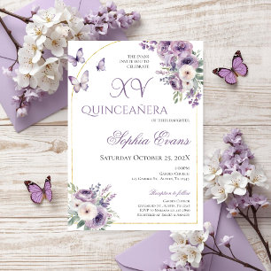 Invitation Quinceañera Fleurs de Lilas Violet Papillons