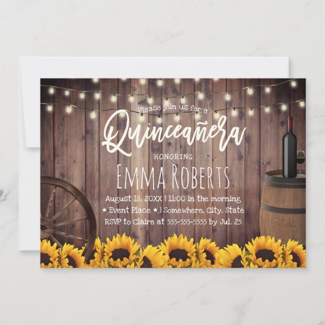 Invitation Quinceanera Fleurs de soleil rustiques Baril de bo (Devant)