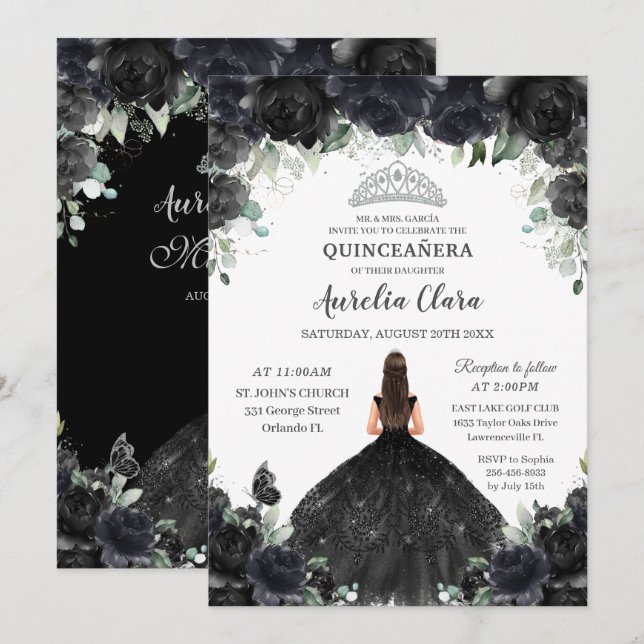 Invitation Quinceañera Fleurs florales noires Robe fille Arge (Devant / Derrière)