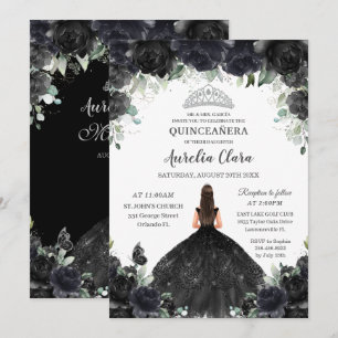 Invitation Quinceañera Fleurs florales noires Robe fille Arge