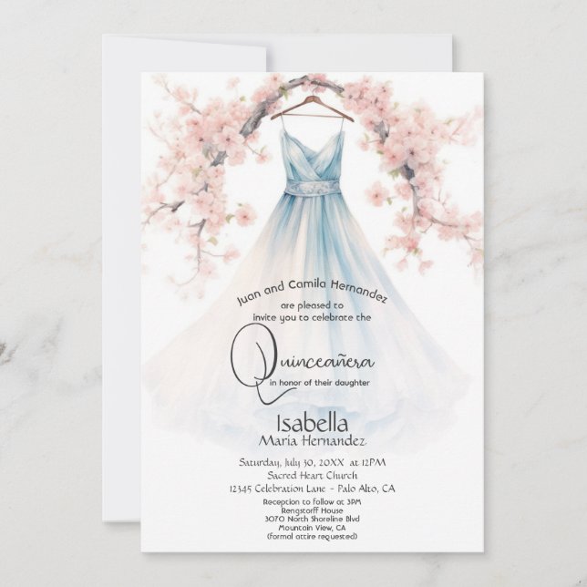 Invitation Quinceañera | Fleurs roses pâles bleues (Devant)