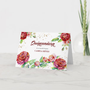 Invitation Quinceanera Fleurs Roses Rouge Rose Or Vintage