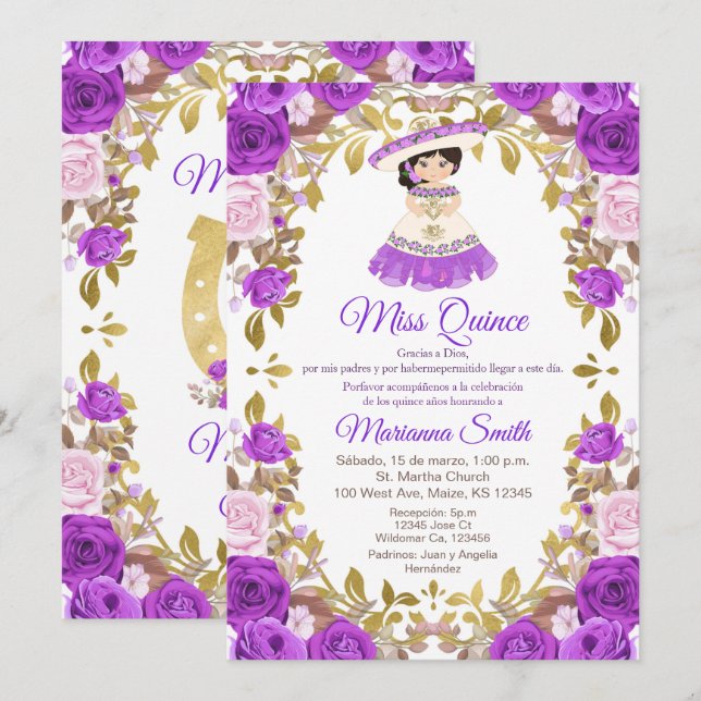 Invitation Quinceanera Fleurs Violettes (Devant / Derrière)