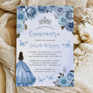 Invitation Quinceañera Floral Aquarelle Argent Bleu