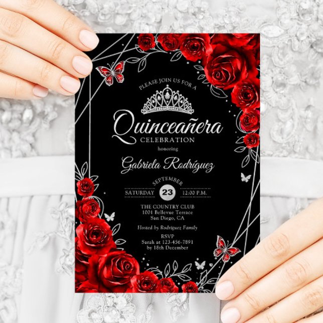 Invitation Quinceanera Floral d'argent rouge noir (Créateur téléchargé)