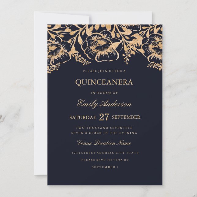 Invitation Quinceanera Floral de la Marine vintage (Devant)