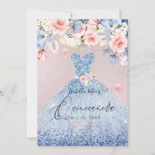 Invitation Quinceanera Floral Dusty Blue Parties scintillant 