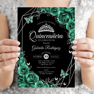 Invitation Quinceanera Floral Emerald Vert Argent Noir