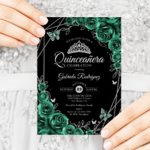 Invitation Quinceanera Floral Emerald Vert Argent Noir