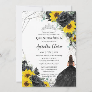 Invitation Quinceañera Floral noir Rose tournesol argent