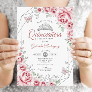Invitation Quinceanera Floral rose argent