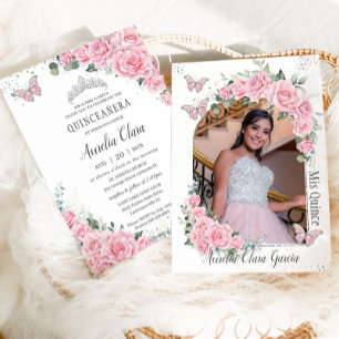 Invitation Quinceañera Floral rose Princesse Papillons Photo