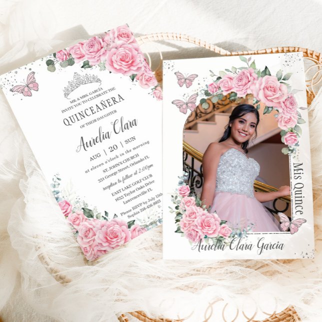 Invitation Quinceañera Floral rose Princesse Papillons Photo (Créateur téléchargé)