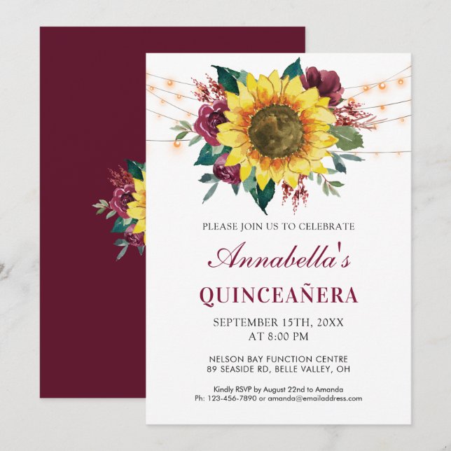 Invitation Quinceanera Floral Tournesol Lights Party (Devant / Derrière)