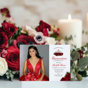 Invitation Quinceanera florale à deux photos rouges
