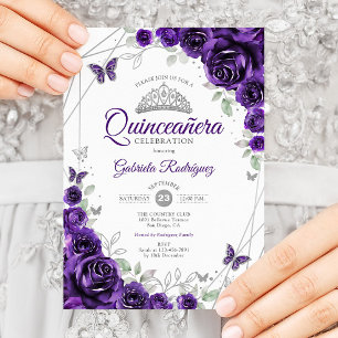 Invitation Quinceanera Florale Argent Violet