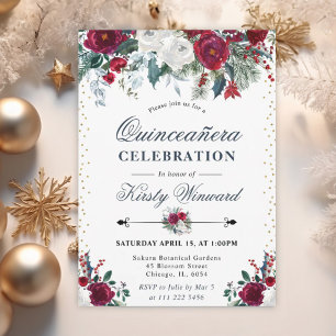 Invitation Quinceañera Florale Blanche et Bourgogne Hivernale