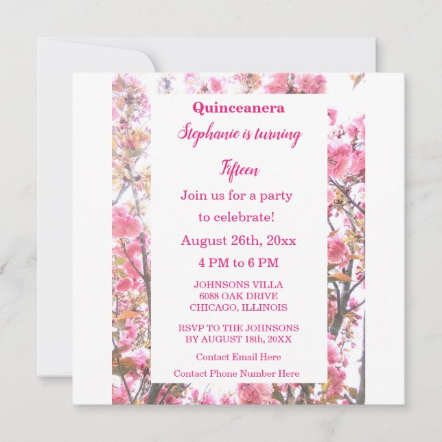 Invitation Quinceanera florale cerise rose Quinzième annivers (Devant)