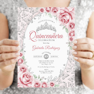 Invitation Quinceanera florale d'argent rose