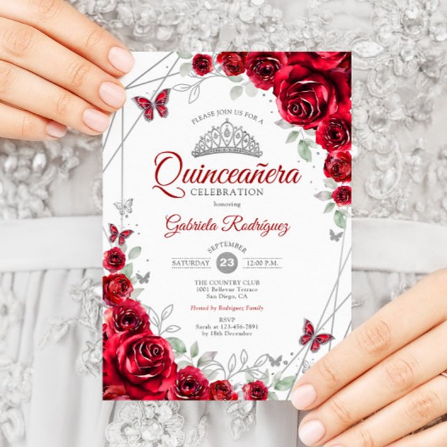 Invitation Quinceanera florale d'argent rouge (Créateur téléchargé)