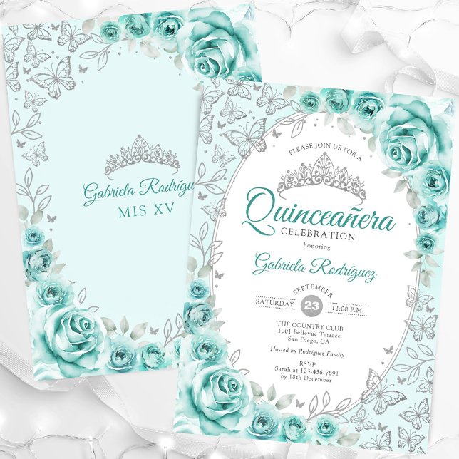 Invitation Quinceanera florale d'argent turquoise (Créateur téléchargé)