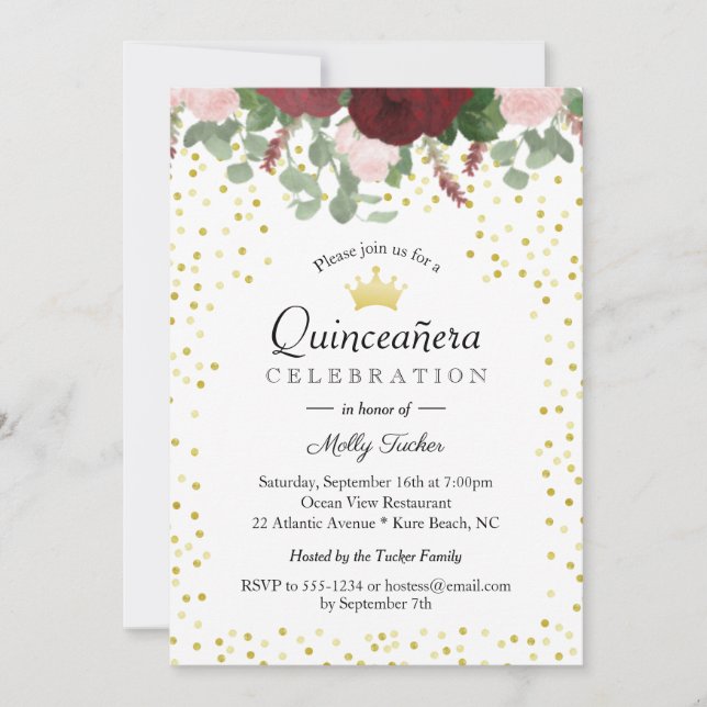 Invitation Quinceanera florale de Bourgogne 15e anniversaire (Devant)