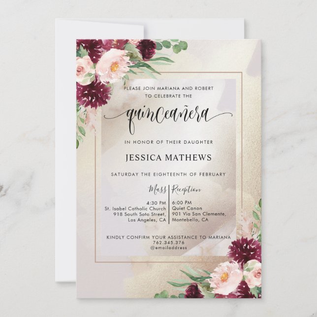 Invitation Quinceañera florale de Bourgogne, de Blush et de C (Devant)