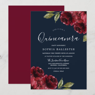 Invitation Quinceanera florale de la Bourgogne et de la Marin