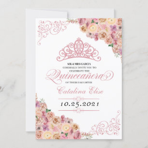 Invitation Quinceanera florale de Peach rose rousse Anniversa