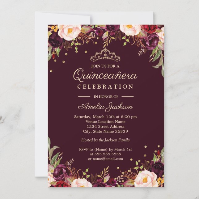 Invitation Quinceanera florale élégante en Bourgogne d'or (Devant)
