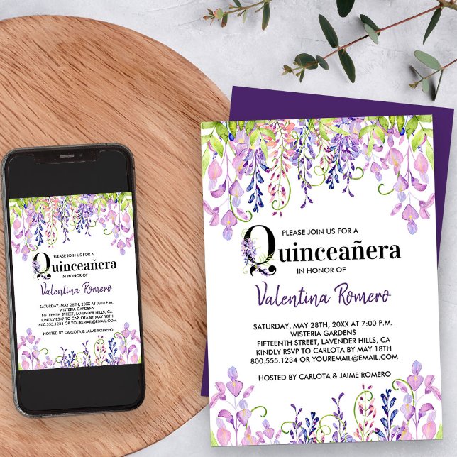 Invitation Quinceanera florale Elégante purple Wisteria (Quinceanera Invitation from my Purple Wisteria Quinceanera Collection)