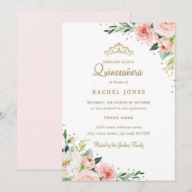 Invitation Quinceanera florale en or (Devant / Derrière)