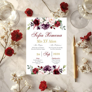 Invitation Quinceanera florale espagnole de Bourgogne