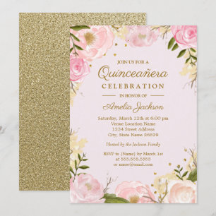 Invitation Quinceanera florale étincelante rose or
