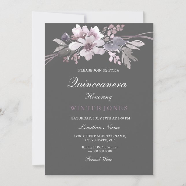 Invitation Quinceanera Florale Gris d'hiver (Devant)