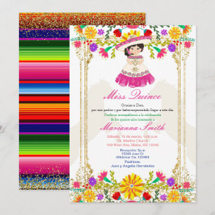 Invitation Quinceañera Florale Mexicaine Colorée Rose 