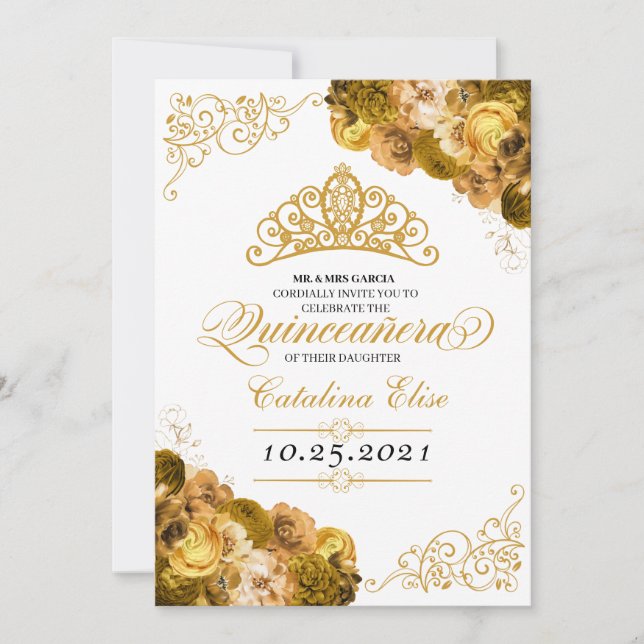 Invitation Quinceanera Florale Or Anniversaire (Devant)